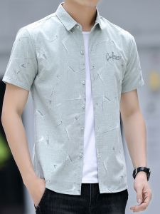 ROMON | Lormen Mens Short Sleeve Shirt Summer Thin Fashion Iron-Free Print Casual Ice Silk Slim Fit Shirt Jacket Lightweight Breathable