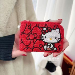 New Creative Cartoon Square Red Butterfly Knot Cat KT Handheld Beaded Ladies Small Coin Purse Fashionable Youth Zipper Wallet