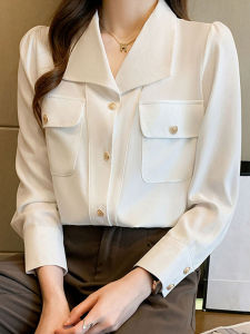เสื้อเชิ้ตผ้าชีฟองแขนยาวหลวมๆ สีขาว สำหรับผู้หญิง ฤดูใบไม้ผลิและฤดูใบไม้ร่วง 2025 เสื้อเชิ้ตคอโปโลแขนยาวสไตล์เกาหลีแบบใหม่