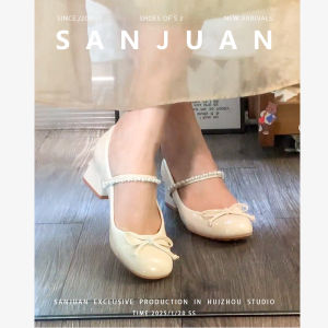 Sanjuan Butterfly Knot High Heel Mary Jane Womens round Toe Single Strap Shoe Qipao New Chinese Style Fashionable Casual Shoes