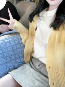 เสื้อคาร์ดิแกนถักแบบหลวมๆ แขนยาวคอวี ทรงสั้น ทรงเข้ารูป แฟชั่นฤดูใบไม้ผลิ 2024 เสื้อคลุมกันหนาวผู้หญิง