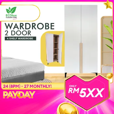 ECOLUX - Ready Stock 2 Door Wardrobe 4 Shelf Cabinet Cupboard Storage Almari Baju Almari | 180cm High 5FT