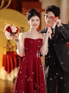 ชุดแต่งงานสีแดง กระโปรงทรงเอ เดรสยาวปานกลาง ผ้าฝ้ายผสม กระโปรงทรงเอ ชุดราตรี ชุดเดรสสำหรับงานวันเกิด