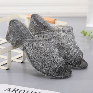 Transparent Hollow out Crystal Heel Slippers Womens Summer Versatile Bathroom Friendly High Heel Sandals Comfortable Daily Wear