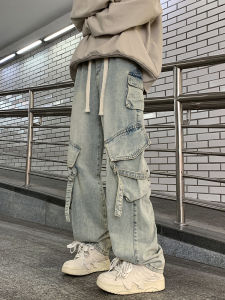 American High Street Multi-Pocket Workwear Denim Mens Spring and Summer Thin Loose Straight Wide Leg Mens Long Pants