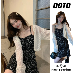 ชุดเดรสยาวผ้าชีฟองลายดอกไม้สีดำสไตล์ฝรั่งเศสสำหรับฤดูร้อน กระโปรงทรงเอเอวสูง แขนยาว คอวี ความยาวปานกลาง