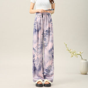 New Summer Wide Leg Pants Womens High Waist Straight Silk Dyed Ice Silk Satin Loose Fit Casual Trousers Korean Style Commute