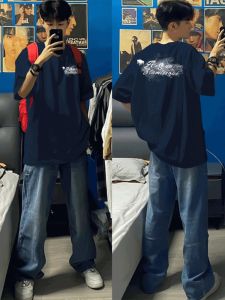 American Casual Cotton T-Shirt Mens Summer High Street Loose Fit Half Sleeve Print Top Youth Fashion Trend Streetwear