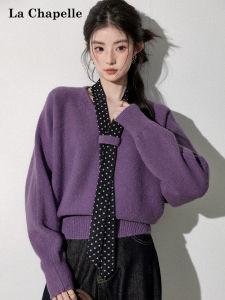 La Chapelle | Spring Autumn Purple V-neck Polka Dot Ribbon Soft Knit Top Short