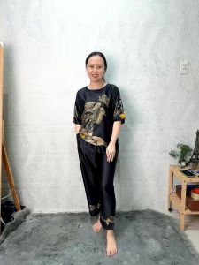 E178 Đồ bộ mặc nhà trung niên lụa Latin tay lở quần ống suông dài 9 tấc đồ mặc nhà trung niên size lớn từ 50 - 75 kg