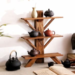 โต๊ะไม้เนื้อแข็งชั้นวางของชั้นวางถ้วยชา ที่วางหม้อทรายสีม่วง ชั้นวางของชา ชั้นวางของหลายเนื้อ ชั้นวางของชั้นวางถ้วย ตกแต่งร้านน้ำชา