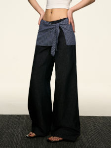 Aaisup Design Layered Wear Fake Two-Piece Jeans Womens Spring Summer High Waist Slim Straight Leg Loose Wide Leg Pants