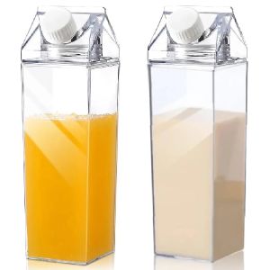 2pcs Milk Carton Water Bottle Transparent Plastic Square Milk Orange Juice Tea Container Box Sport Cup for Sports Travel Camping