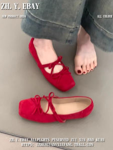 Elevated Mary Jane Single Shoes for Women with Butterfly Knot Red Ballet Flats Korean Style Ultrafine Fiber Lined Slip-On Shoes