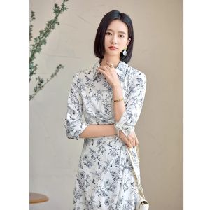 WANGGONGZHU | Princess Style Floral Print Summer Tea Break Dress Womens Shirt Collar Long Dress Elegant Atmosphere National Style New Arrival 2025