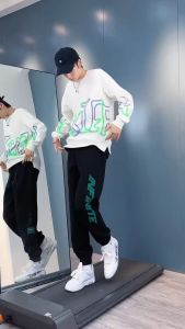 M-5XL กางเกงลำลองผู้ชายสไตล์เกาหลีอินเทรนด์ กางเกงขายาวผ้าฝ้ายพิมพ์ลายตัวอักษรหนา