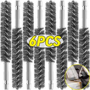 6ชิ้นสแตนเลสหกเหลี่ยมแท่งแปรงลวดขัดเจาะเครื่องมือถอนสนิมแปรงทำความสะอาดเครื่องจักรหลอดลวด
