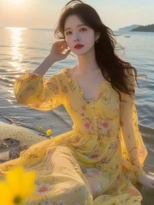 Mensou Summer 2025 Beach Vacation Floral Print Base Layer Dress Elegant High End Yellow Dress V Neck Long Sleeve Slim Fit