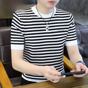 HENGYUANXIANG | เสื้อยืดคอกลมแขนสั้นผ้าไหมน้ำแข็งลายทางสำหรับผู้ชาย เสื้อผ้าทำงานฤดูร้อน ผ้าฝ้ายผสมโพลีเอสเตอร์ ระบายอากาศได้ดี เสื้อเชิ้ต