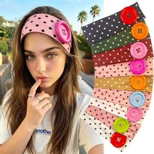 Summer Dopamine Headband / with Large Button and Polka Dots / Hawaii Fashion Elastic Hairband / Colorful Hair Accessories for Women Girls
