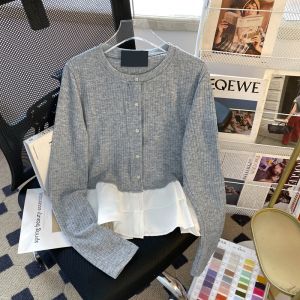 เสื้อคาร์ดิแกนแขนยาวสองชั้นสีเทา ทรงเข้ารูป ทรงเข้ารูป สำหรับผู้หญิง เสื้อผ้าทำงาน ฤดูใบไม้ร่วง 2025