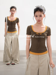 BAIDAIFEI | Square Collar Illusion Two-Piece Short Sleeve T-Shirt Fitted American Style