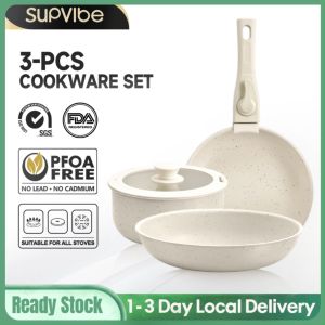 SUPVIBE 5/3Pcs Detachable Handle Pot Set FDA SGS Certified Oven Stove Universal Without PFOA Non-Toxic And Safe可拆卸把手锅具套装5件套Tetapkan set 5-potong pemegang boleh terpisah