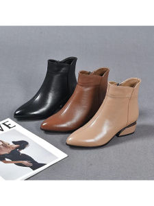 Comfortable Fleece Lined Soft Leather Flat Bottom Thick Heel Pointed Toe Martin Boots Short Cotton Lined Shoes for Mothers