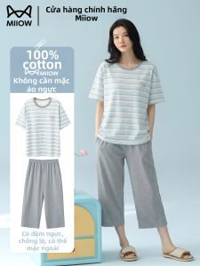 MiiOW | Cotton Padded Bust Summer Short Sleeve Sleepwear with 3/4 Length Pants Wearable at Home