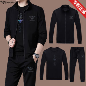 Mens Sportswear Set Fleece Lined Hoodie Casual Running Outfit Three Piece Trendy Cotton Long Sleeve Long Pants Autumn Wear