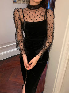 ชุดเดรสยาวผ้ากำมะหยี่สีดำสไตล์ฝรั่งเศส ชุดราตรีปาร์ตี้ฤดูใบไม้ร่วง/ฤดูหนาว กระโปรงทรงเอเอวสูง แขนยาว คอเหลี่ยม