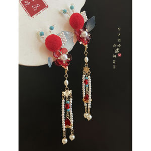 Festive New Year Red Tassel Hair Clip Womens Traditional Chinese Style Hair Accessories Ball Ornament Headwear Hairpins