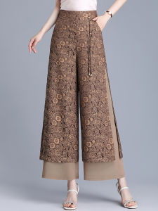 ฤดูร้อน สูงบาง เอว ขากว้าง กางเกง สําหรับผู้หญิง น้ําแข็งสไตล์จีน ผ้าไหม แยก Tummy Control Drapey ดอกไม้ งานปัก ลำลอง กางเกงขายาว