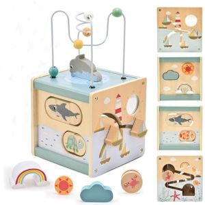 Wooden Activity Cube 6-in-1 Wooden Montessori Toddler Toys Wooden Sensory Learning Toys for 1 Year Old Toddlers 5-Sided Activity Center Best Gift for Boys Girls