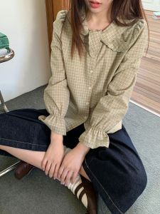 NIHAOKANONG | Áo Blouse Tay Loe Thiết Kế Tai Thỏ Vintage Grid Thêu Mùa Xuân
