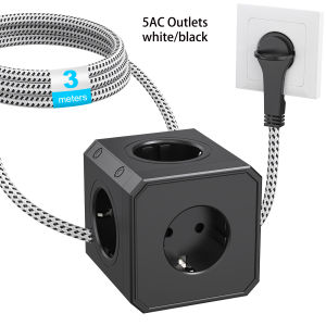 5 EU Outlet Power Strip Cube with 3/2.5m braided cord 4000W Flat plug Multitap Extension Socket Power Adapter for Home