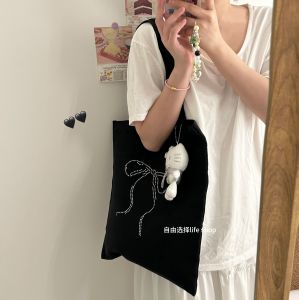 Pure Color High-End Butterfly Knot Rhinestone Canvas Bag Large Capacity Womens Handbag Commuter Student Floral Embossed Canvas Bag