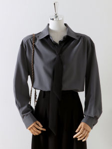 Gray Shirt Womens Loose Pure Color Tie Neck Design Spring Autumn Casual Slimming Shirt Simple Elegant Fashion Commute Style