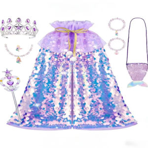 Gradient Fish Scale Mermaid Cape Kids Ocean Princess Cloak Set Rhinestone Star Tiara Magic Wand Marine Jewelry Tail CrossbodyBag