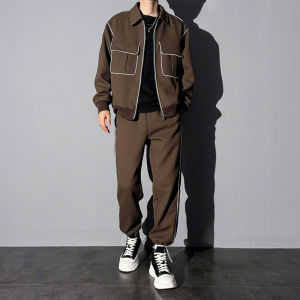 Korean Style Fancy Polo Collar Jacket Suit Mens Trendy Casual Matching Handsome Parka a Suit of Clothes Spring and Autumn Coat