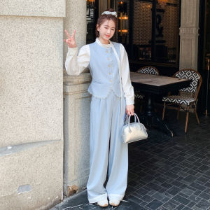 Light Blue Fashionable Two-Piece Set Womens Wide Leg Pants Casual Style Autumn New Arrival High Waist T-Shirt round Neckline