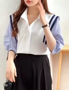 SJM KEMEJA KASUAL KNIT KATUN POPLIN PREMIUM KOMBINASI LENHAN PENDEK SALUR SIMPLE 8290