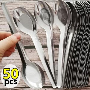 🔥Hot 🔥1-50PCS Stainless Steel Soup Spoon Silver Flatware Soup Rice Dinner Spoons Dessert Spoon Kitchen Tools Tableware Cooking Utensil