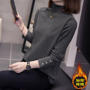 Double-Sided Fleece Thickened Half-High Collar Womens Base Shirt Winter Warm Inner Wear Brushed T-Shirt Korean Style Loose Fit