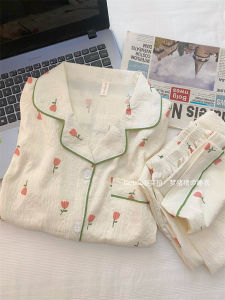 ลายดอก ทอ ผ้าฝ้าย ชุดนอน ชุดผู้หญิง ลำลอง แขนยาว ฤดูใบไม้ผลิ ฤดูใบไม้ร่วง เสื้อผ้าบ้านชุดนอนสบายสองชิ้น ชุดสูท