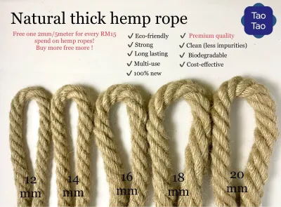 1Meter(8mm/10mm/12mm/14mm/16mm/18mm/20mm/22mm/24mm) Natural Premium Thick Bright Brown Twin rope/Jute rope/Tali guni tebal for cat scratcher rope ，gardening decoration DIY craft macrame/ 天然环保粗麻绳，制作猫捉板，庭院布置，手工美术艺品 - Ready stock