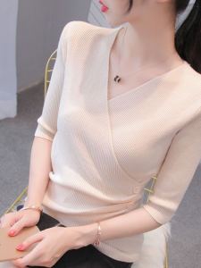 เสื้อสเวตเตอร์ถักคอวีแขนยาวสำหรับผู้หญิง เสื้อชั้นในทรงเข้ารูป เสื้อสเวตเตอร์ถักแบบไม่สมมาตร เสื้อแฟชั่นฤดูใบไม้ผลิ 2021