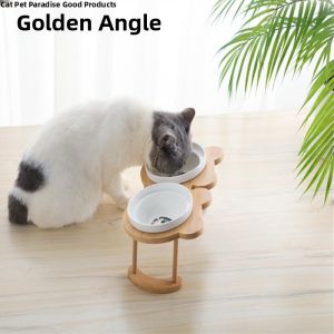 Ceramic Cat Bowl with High Feet Water And Food Feeder for Cats Cute Slope Mouth Dog Bowl Double Bowl Design for Pets