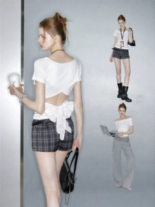 Unifree | White Fitted Knit Short Sleeve Bow-back Slim T-shirt