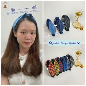 Bandana Korea Wanita Kotak Stripe Series Headband Bando Karet Katun Aneka Warna